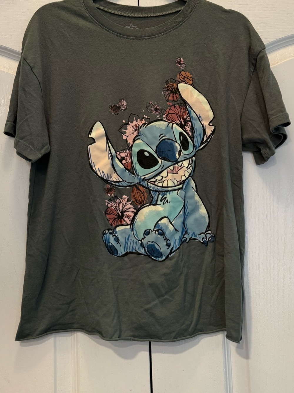 EUC- Disney Womens' Stitch Graphic Tee - Olive Green